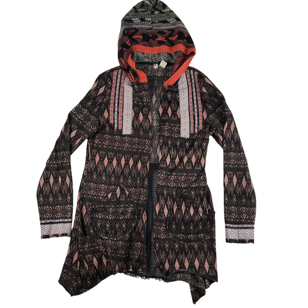 BKE Cardigan Sweater Womens Small Multicolor Hooded Aztec Boho Open Front Knit
